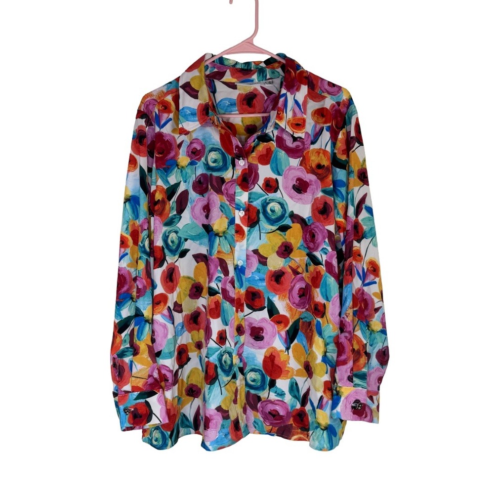 Susan‎ Graver Button Front Shirt Womens 1X Audrey Rose Pink Floral Peachskin